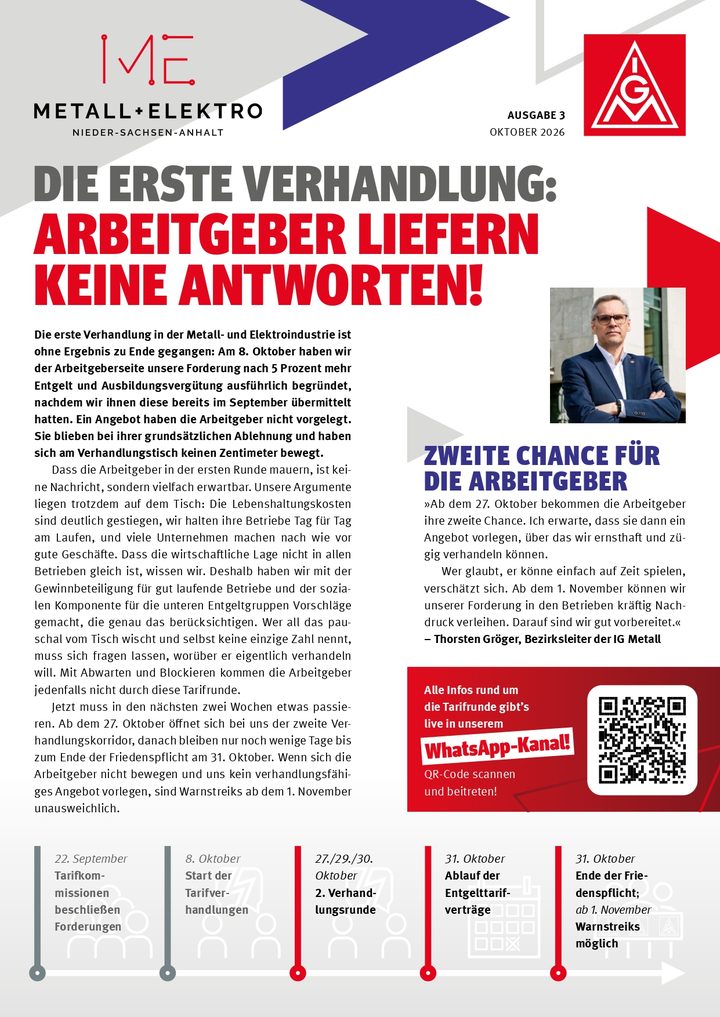 Cover des Flugblatts: Die erste Verhandlung — Arbeitgeber liefern keine Antworten